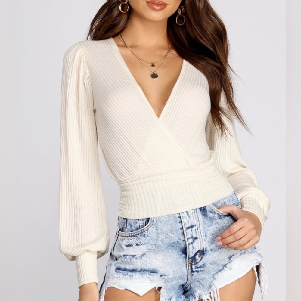Windsor Girl Next Door Surplice Ribbed long sleeve White Crop Top